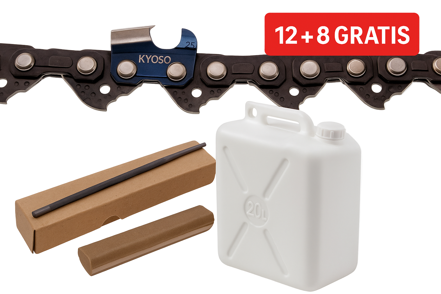 Pachet Lant Kyoso 34D-3/8-1.5 (12 + 8 Gratis) + Pile Rotunde 5.5mm + Ulei Amestec 2% Verde (15L + 5L Gratis)