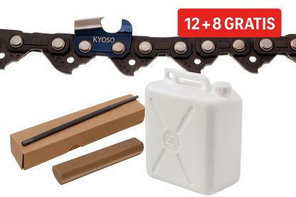Pachet Lant Kyoso 34D-3/8-1.5 (12 + 8 Gratis) + Pile Rotunde 5.5mm + Ulei Amestec 2% Verde (15L + 5L Gratis)