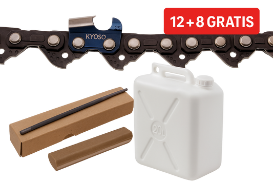 Pachet Lant Kyoso 34D-3/8-1.5 (12 + 8 Gratis) + Pile Rotunde 5.5mm + Ulei Amestec 2% Verde (15L + 5L Gratis)